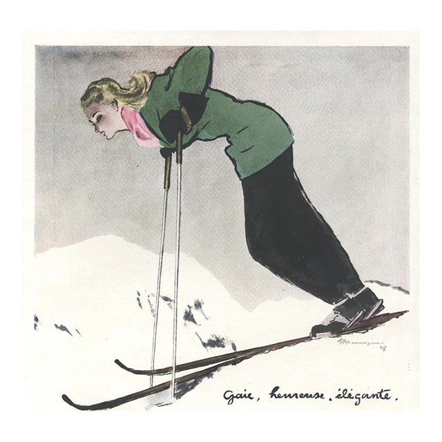 1947 Mid-Century French Fashion Sport Print for the Woman Who Loves to Ski For Sale