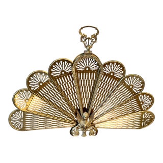 Hollywood Regency Firescreen W/Brass Peacock Feathers Gargoyle Base 1960s For Sale
