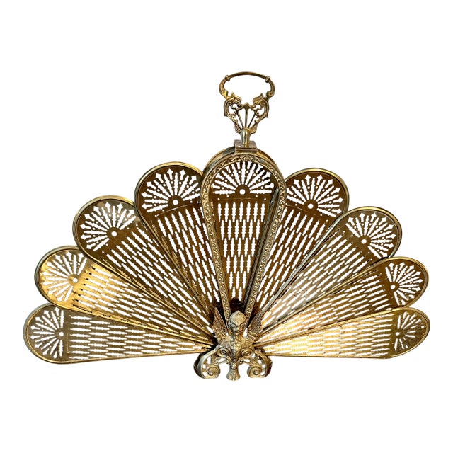 Hollywood Regency Firescreen W/Brass Peacock Feathers Gargoyle Base 1960s For Sale