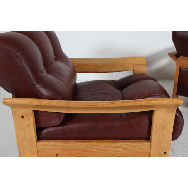 Brutalist Lounge Chairs in Oak and Reddish Brown Leather, 1970s, Set of 2 For Sale - Image 14 of 17