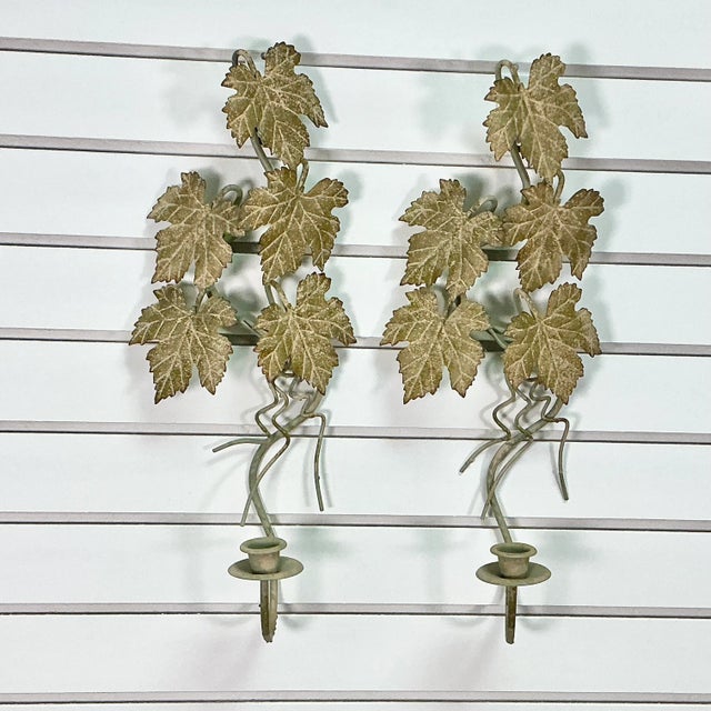 1950s 1950s Vintage Italian Rustic European Tole Leaf Candle Sconces - A Pair. For Sale - Image 5 of 13