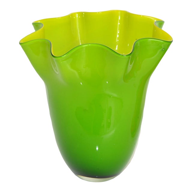1980s Modern Fazzoletto Murano Attributed Handkerchief Style Green Yellow Vase For Sale