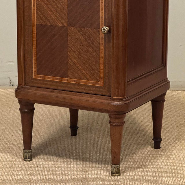 Pair of Antique French Louis XVI Marquetry Marble Top Nightstands ~ End Tables For Sale - Image 9 of 18