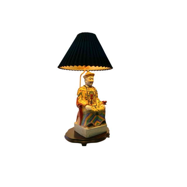 Ceramic Late 20th Century Lamp Sitting Emperor Large Porcelain Oriental Figurine With Shade on Wooden Base For Sale - Image 7 of 8