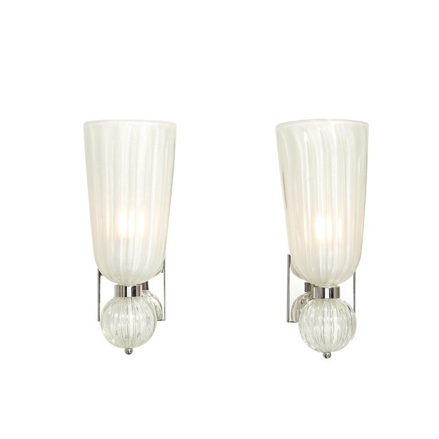 A breathtaking pair of modernist Murano glass sconces, each meticulously hand-blown by Italian artisans in the 21st...