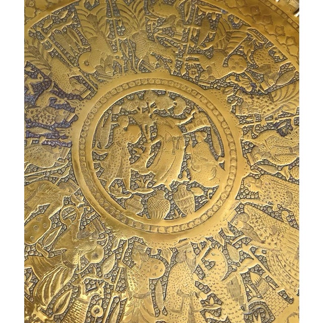 Mid 20th-Century Persian Qajar-Inspired Design Brass Chased & Repoussé Charger Tray Top Accent or Coffee Table For Sale - Image 15 of 17