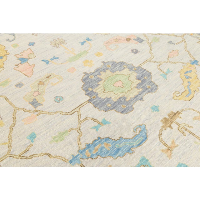 Contemporary Pastel Oushak Style Hand-Knotted Wool Rug – Soft Neutral & Blue For Sale - Image 10 of 12