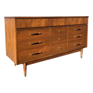 Mid Century Modern Vintage Lowboy Long Dresser With Brass Hardware For Sale