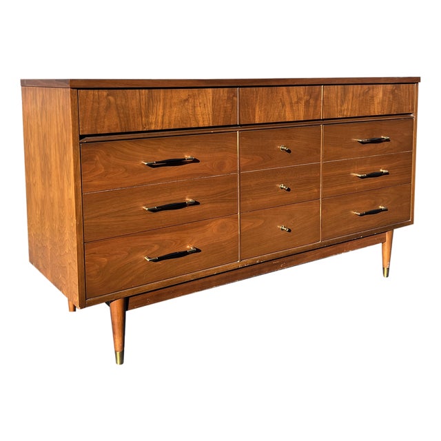 Mid Century Modern Vintage Lowboy Long Dresser With Brass Hardware For Sale