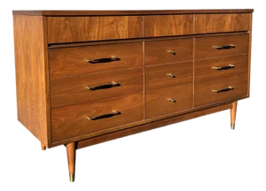 Mid Century Modern Vintage Lowboy Long Dresser With Brass Hardware