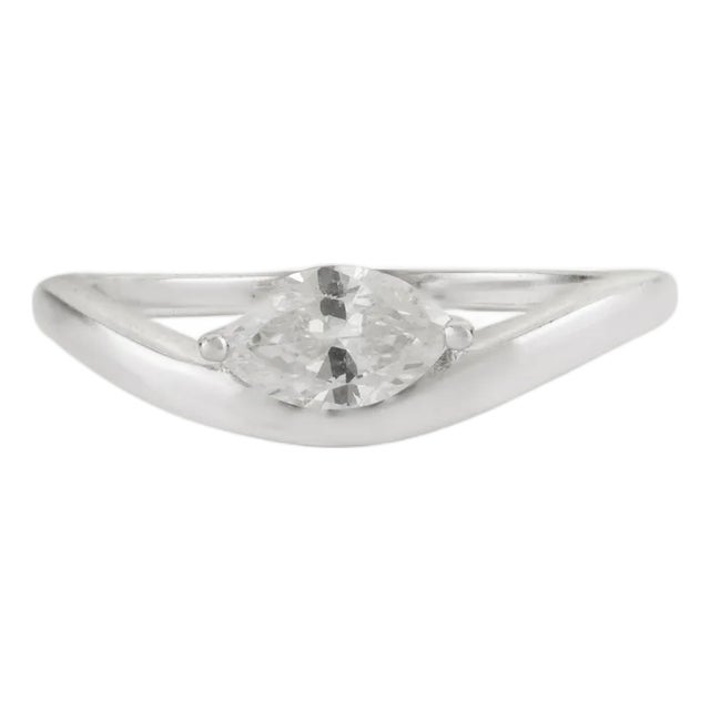 Marquise Cut Diamond Contemporary Soliatire Ring Wave Band Size 7 in 14k White Gold For Sale