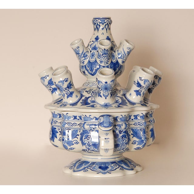 1980s Royal Delft Tulip Vase Tulpiere Blue and White Earthenware Spouted Vase Dragon Handles For Sale - Image 5 of 15