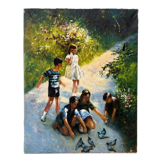 Vintage p.g. Tiele Signed Impressionist Oil Painting of Children Feeding Birds For Sale