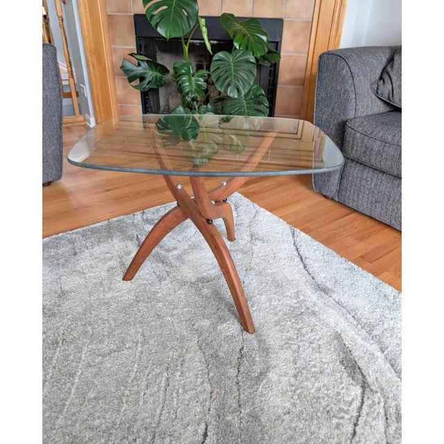 Taupe Forest Wilson Mid-Century Modern Side Table Features a Sculpted Walnut Base and a Glass Top. 1960s For Sale - Image 8 of 8