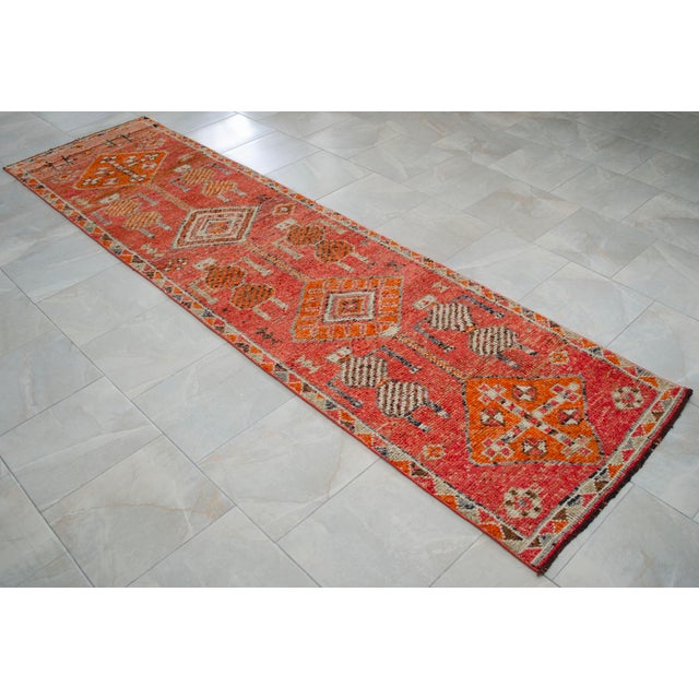 Antique Style Orange Runner Rug, Hand Knotted Turkish Carpet, 3x12 Vintage Area Rug, Rare Alien Motif Decor, Organic Modern Rug For Sale - Image 9 of 16