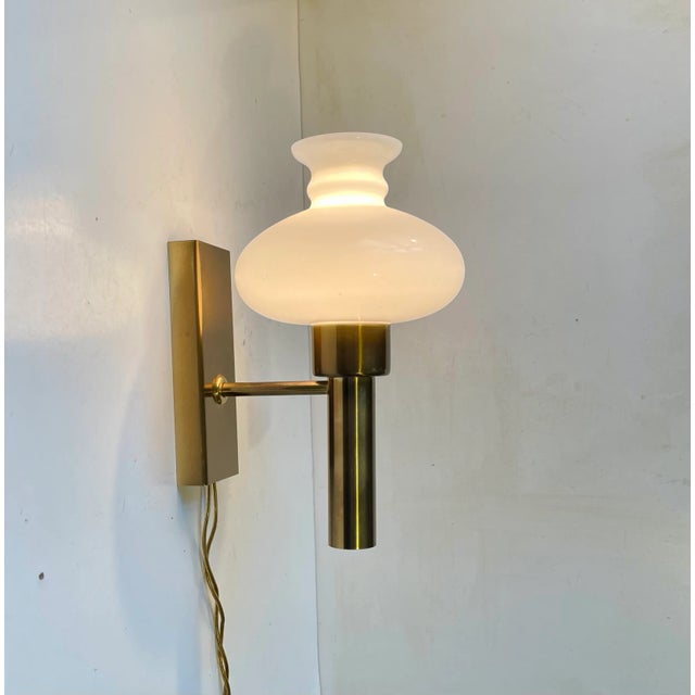 Scandinavian Modern Brass & Opaline Glass Wall Sconce from Vitrika, 1970s For Sale - Image 4 of 7