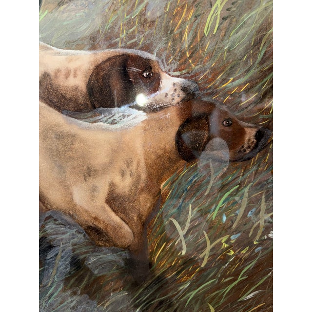 Burnt Umber English Style Reverse Glass Painting of Hunter & Three Bird Dogs – Vintage Sporting Scene in Shabby Wood Frame For Sale - Image 8 of 13