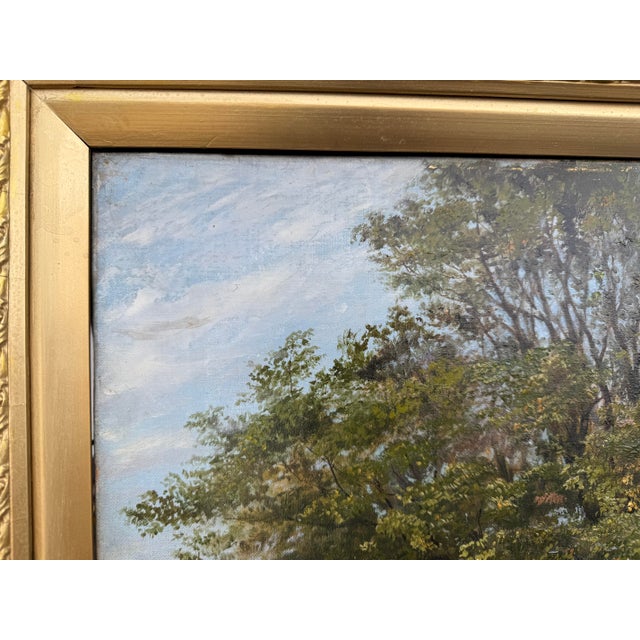 Antique Oil Painting Landscape by Maxwell 1885 Trees Water Mountains Gold Frame For Sale - Image 12 of 12