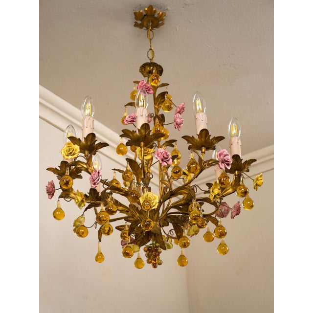 Floral Chandelier in Gilded Iron with Ceramic Flowers and Murano Glass Pendants, Italy, 1960s For Sale - Image 6 of 13