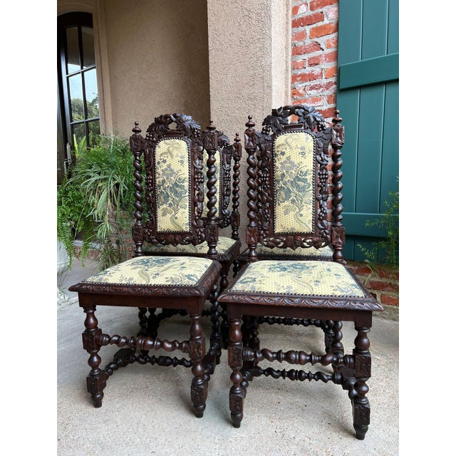 1900 - 1909 Set 4 Antique French Dining Chairs Barley Twist Renaissance Carved Oak Green 1900 For Sale - Image 5 of 18