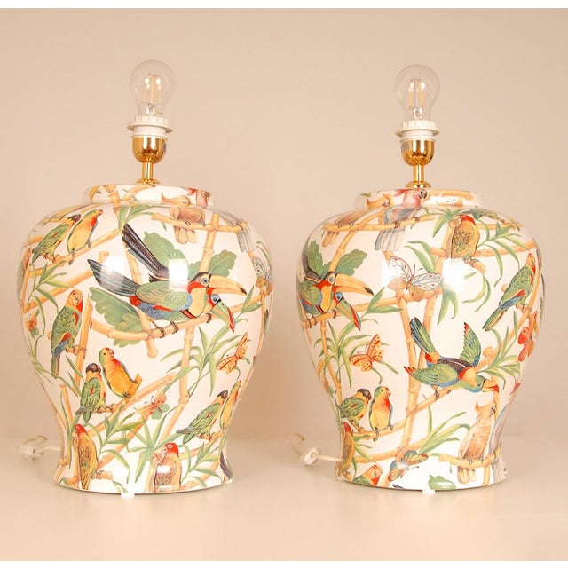 Vintage Italian Table Lamps Ceramic Parrots Birds Green Cream Tall Porcelain Vase Lamps Tariff Free - A Pair For Sale - Image 11 of 12
