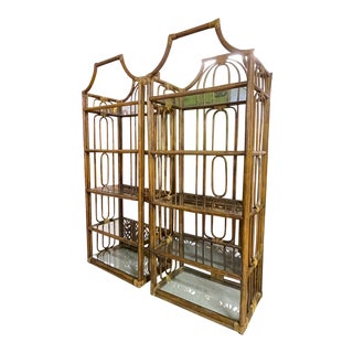 Rattan Pagoda Style Etageres, a Pair For Sale