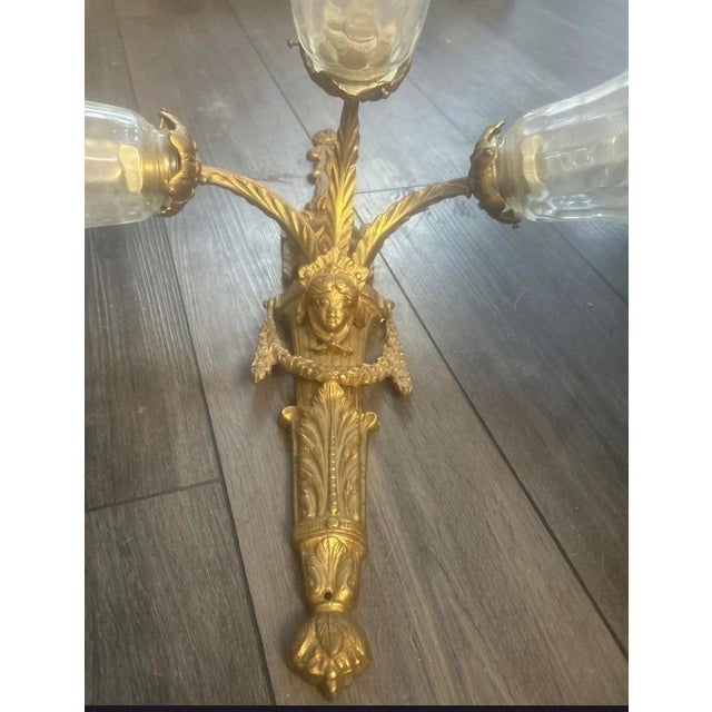 Vintage Neoclassical Gilt Brass Figural Three-Light Wall Sconces - a Pair For Sale - Image 10 of 12
