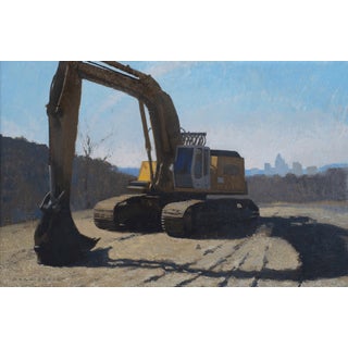 Progress on Memorial by Brad Davis | Oil on wood panel Excavator on a construction site For Sale