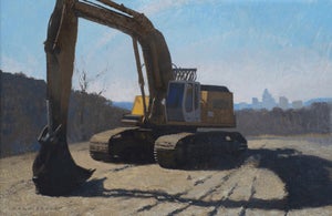 Progress on Memorial by Brad Davis | Oil on wood panel Excavator on a construction site