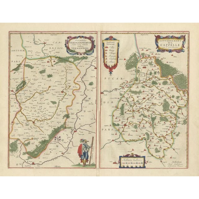 A beautifully composed double map depicting the regions of Vermandois and La Capelle, engraved by Willem Jansz. Blaeu and...