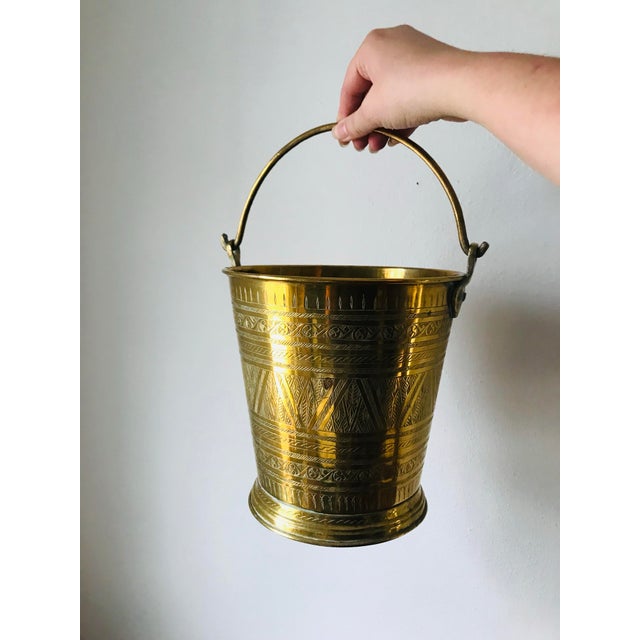 Charming Geometric Etched Vintage Brass Water Bucket For Sale In Boise - Image 6 of 10