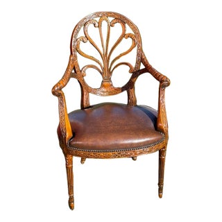 Theodore Alexander Carved Mahogany Frame Leather Armchair For Sale