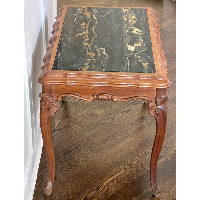 Vintage Italian Black Marble Walnut Wood Double Bevelled Edge Table For Sale - Image 4 of 12