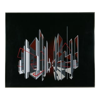 Cityscape Kinetic Optical Op Art Painting on Plexiglass by l.l. Long, 1980 For Sale