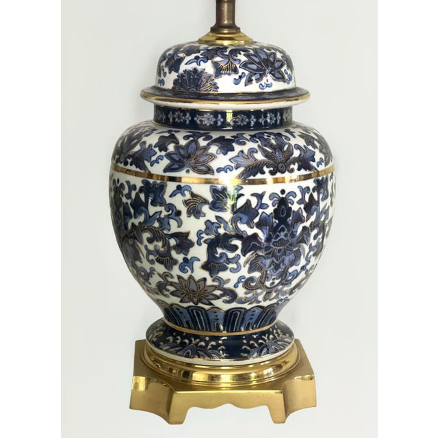 Metal Pair of 1980s Blue and White Ginger Jar Table Lamps With Bronze Mounts and Gilt by Speer For Sale - Image 7 of 12