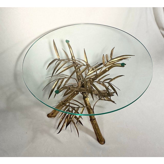 Hollywood Regency Vintage Italian Gold Gilt Metal Glass Faux Bamboo Side Table Hollywood Regency For Sale - Image 3 of 12