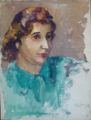 1930s Painting Watercolor Portrait of Woman in Blue