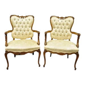 Vintage Hollywood Regency French Louis Style Drape Carved Arm Chairs - a Pair