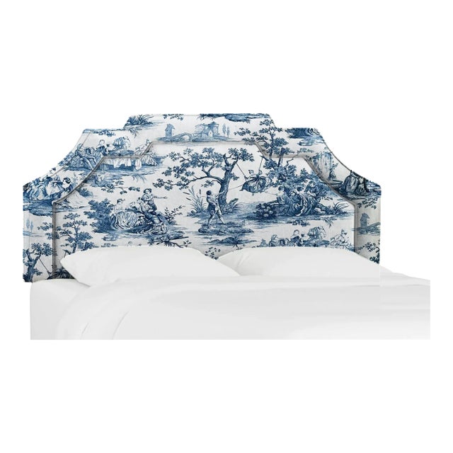 Gigi Blue Toile Upholstered King Headboard For Sale