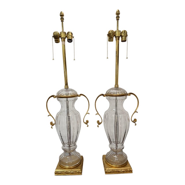 1960s Mabro Lamp Company French Clear Crystal and Gilt Table Lamps -a Pair For Sale