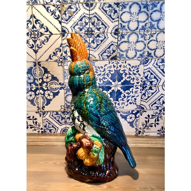 Mid-Century Modern Late 20th Century Vintage Large Parrot Cockatoo on Perch Glazed Ceramic Bird Sculpture in Vibrant Blue and Orange Polychrome For Sale - Image 3 of 10