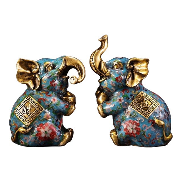 Mid 20th Century Pair of Gilt Cloisonne Enamel Elephant Figures – 7.9" Auspicious Statues For Sale