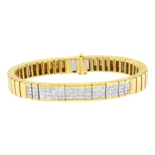 14K Yellow Gold 3 5/8 cttw Invisible Set Princess-Cut Diamond ID Tennis Bracelet - Size 7" For Sale