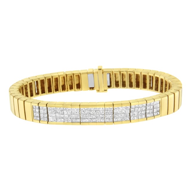 14K Yellow Gold 3 5/8 cttw Invisible Set Princess-Cut Diamond ID Tennis Bracelet - Size 7" For Sale