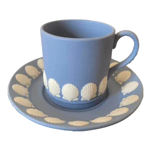 Antique English Wedgwood Jasperware Blue and White Coffee Espresso Tea Cup and Saucer in Scalloped Sea Shell Design