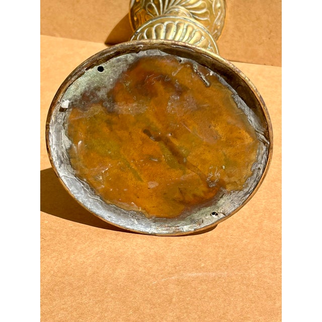 Metal Large Pair of English Renaissance Repousse Brass Candlesticks. For Sale - Image 7 of 11