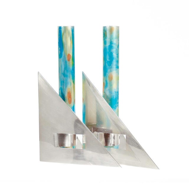 Pair Signed Arie Ofir Israeli Sterling Silver & Anodized Aluminum Candlesticks For Sale - Image 9 of 12