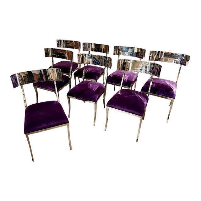 Set of MCM Chrome Klismos Chairs With Purple Velvet For Sale
