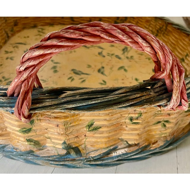 Light Yellow Hand Painted Robins and Spring Flowers Large Wicker Basket For Sale - Image 8 of 10