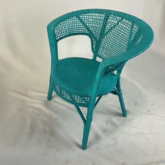 Wood Vintage Coastal Boho Chic Turquoise Painted Wicker Chair. For Sale - Image 7 of 10